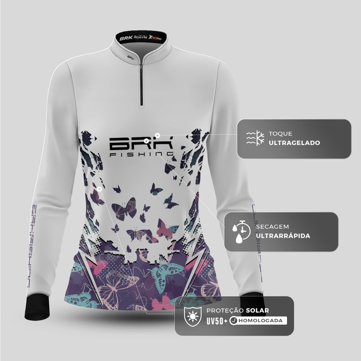 Camisa de Pesca Feminina Brk Borboleta Branca com Proteção UV50+ - Brk Fishing