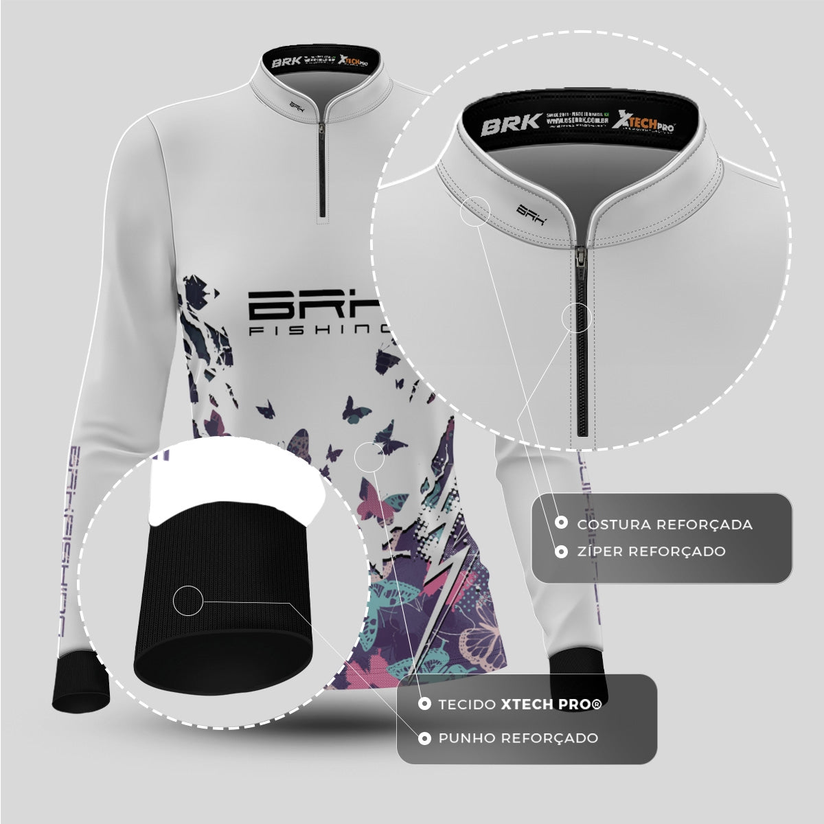 Camisa de Pesca Feminina Brk Borboleta Branca com Proteção UV50+ - Brk Fishing