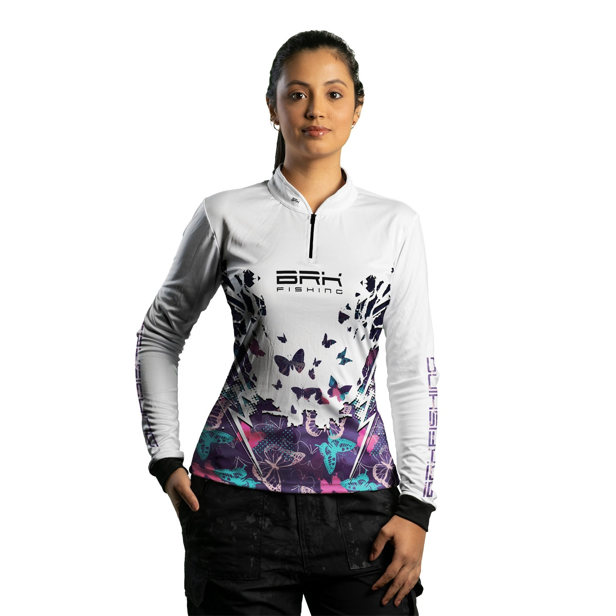 Camisa de Pesca Feminina Brk Borboleta Branca com Proteção UV50+ - Brk Fishing