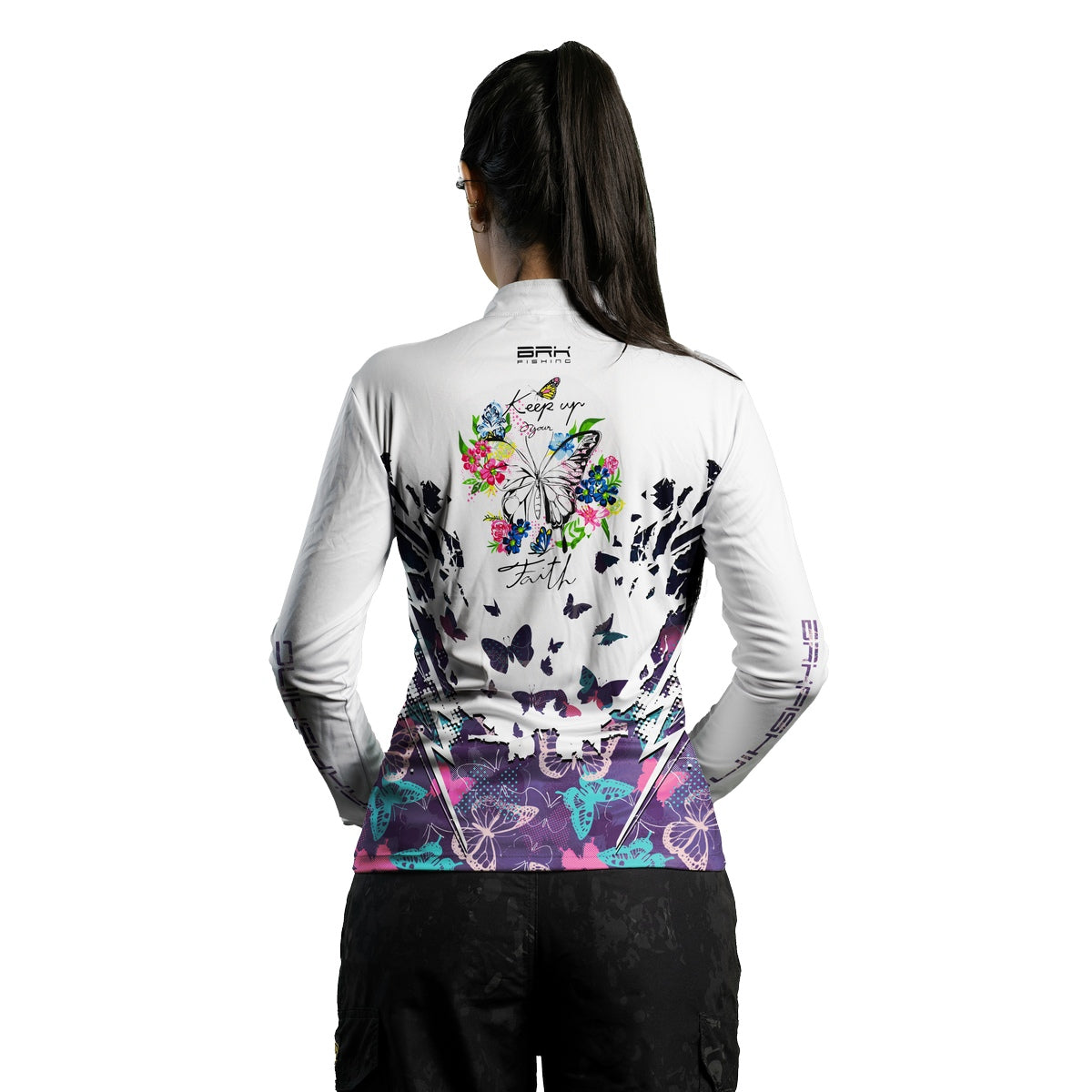 Camisa de Pesca Feminina Brk Borboleta Branca com Proteção UV50+ - Brk Fishing