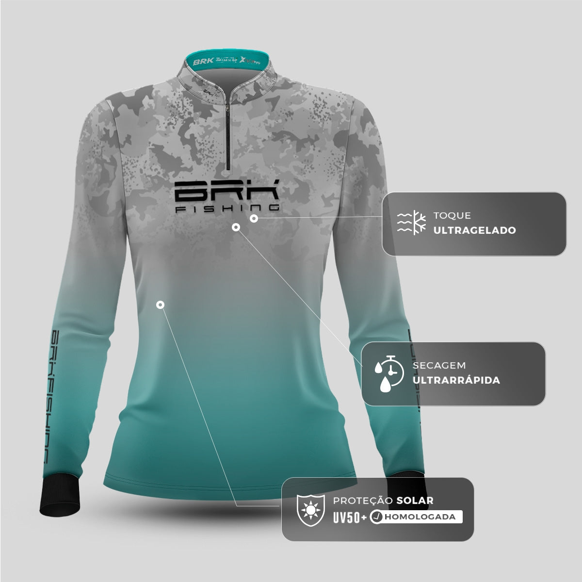 Camisa de Pesca Brk Feminina Azul e Branco com Proteção UV50+ - Brk Fishing