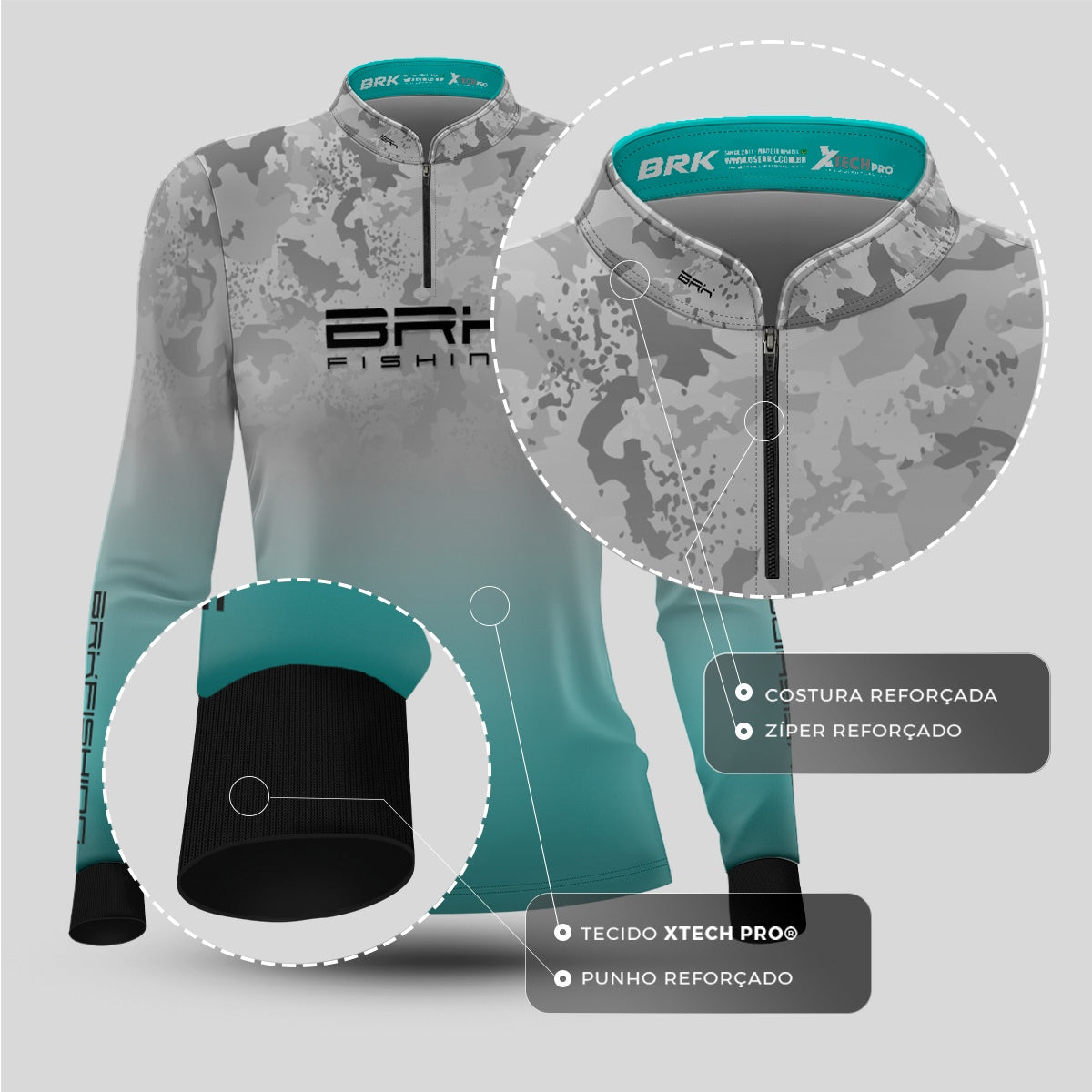 Camisa de Pesca Brk Feminina Azul e Branco com Proteção UV50+ - Brk Fishing