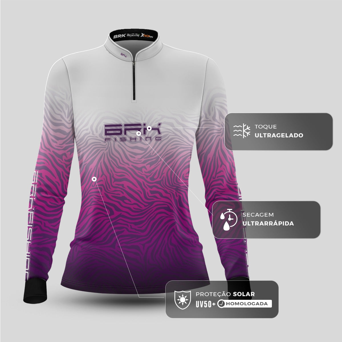 Camisa de Pesca Feminina Brk Branco e Roxo com UV50+ - Brk Fishing