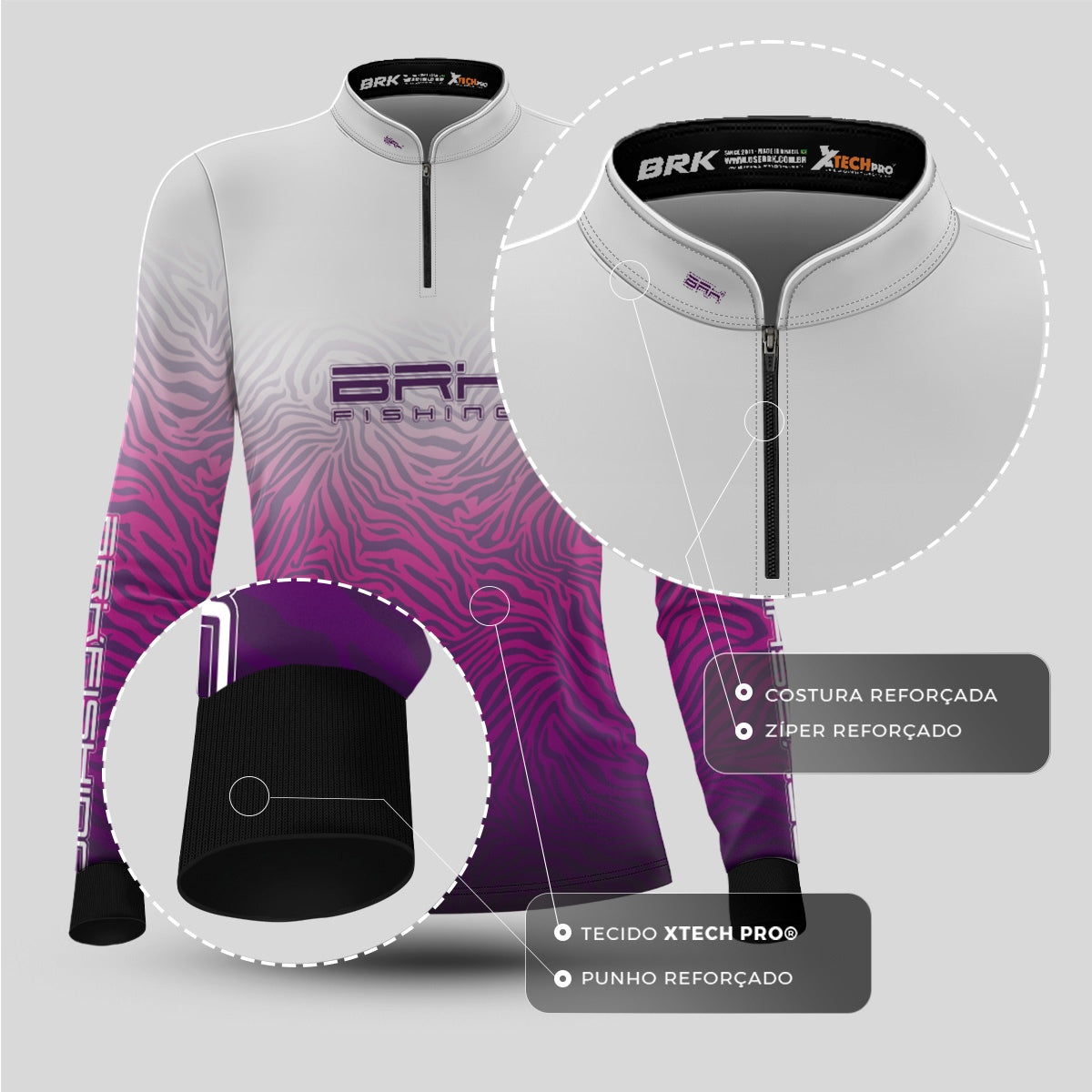 Camisa de Pesca Feminina Brk Branco e Roxo com UV50+ - Brk Fishing