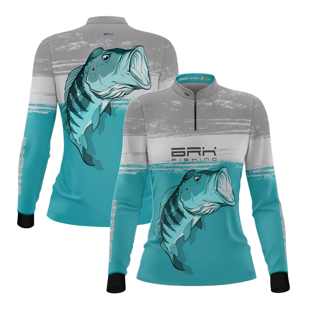 Camisa de Pesca Feminina Brk Branca e Ciano Tucunaré Azul com UV50+ - Brk Fishing
