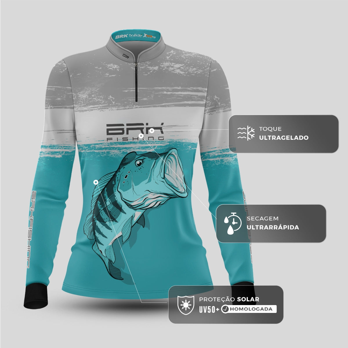 Camisa de Pesca Feminina Brk Branca e Ciano Tucunaré Azul com UV50+ - Brk Fishing
