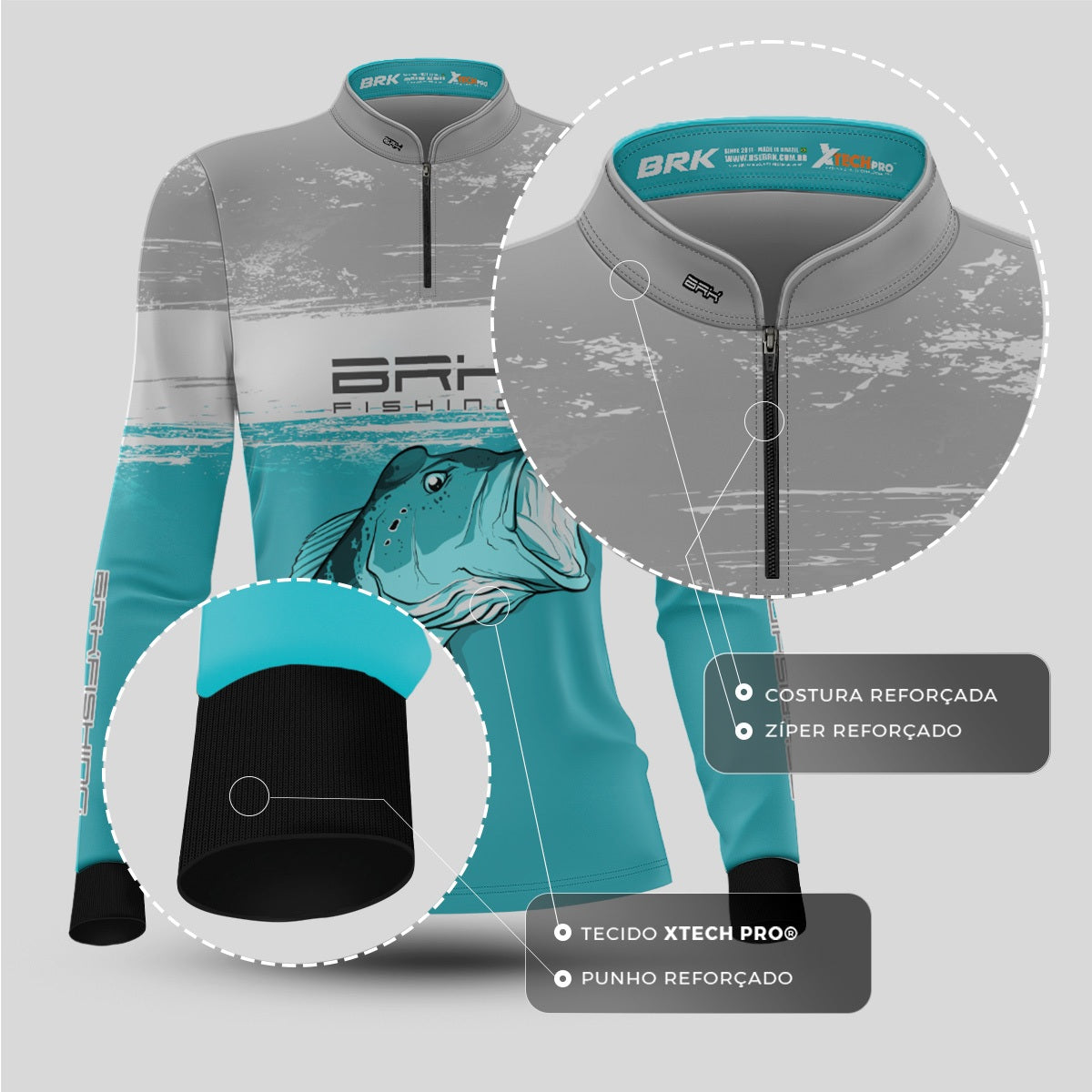 Camisa de Pesca Feminina Brk Branca e Ciano Tucunaré Azul com UV50+ - Brk Fishing