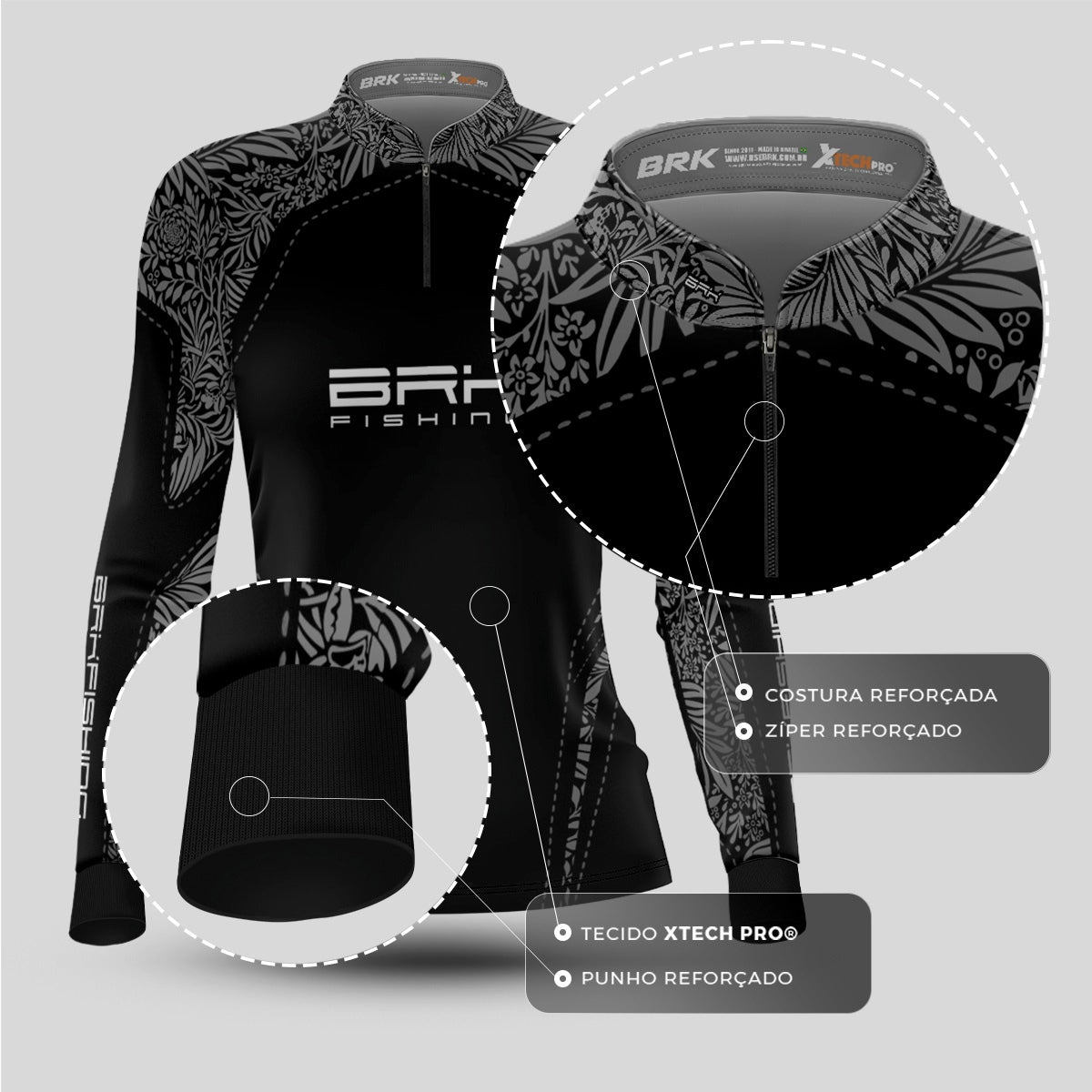 Camisa de Pesca Feminina Brk Preta e Cinza Florida com UV50+ - Brk Fishing