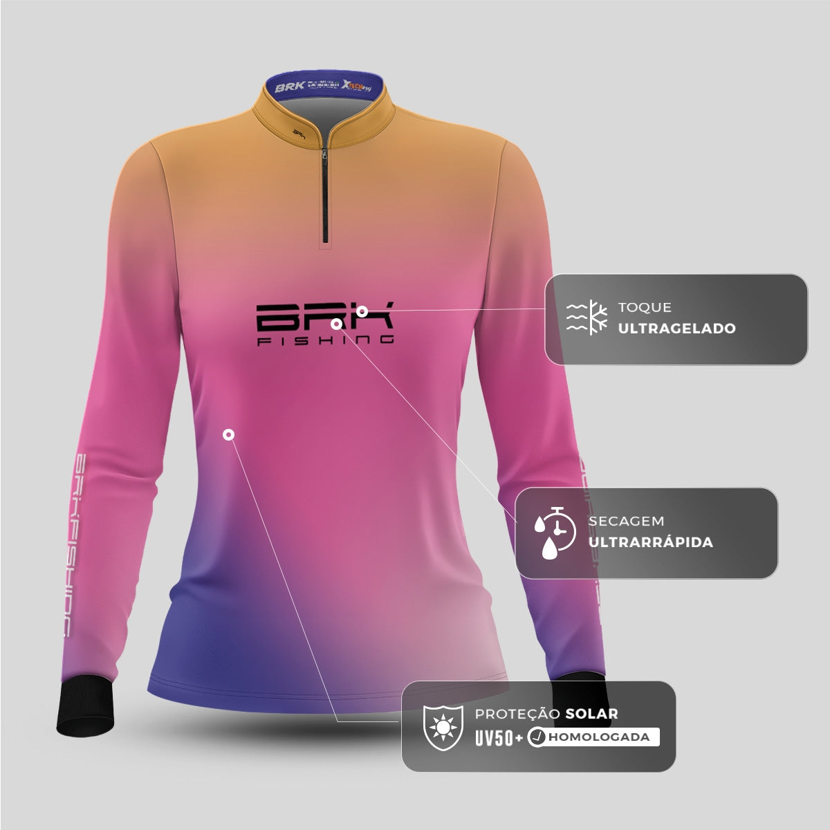 Camisa de Pesca Feminina Brk Degradê Amarelo Rosa Azul com proteção UV50+ - Brk Fishing