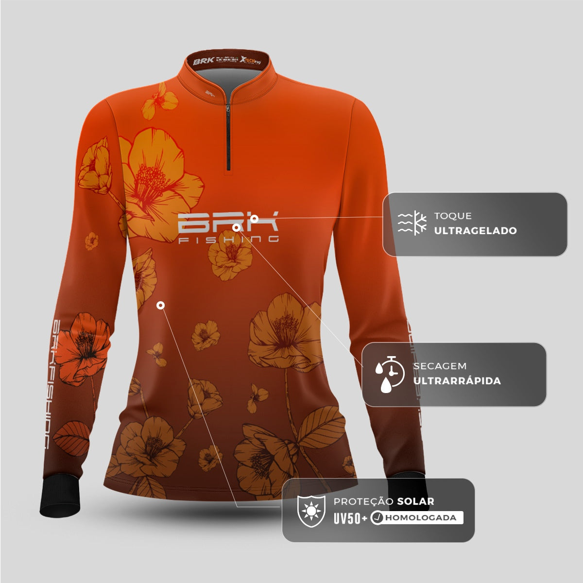 Camisa de Pesca Feminina Brk Flor Laranja com Proteção UV50+ - Brk Fishing