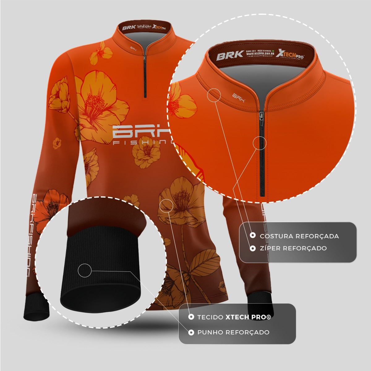 Camisa de Pesca Feminina Brk Flor Laranja com Proteção UV50+ - Brk Fishing
