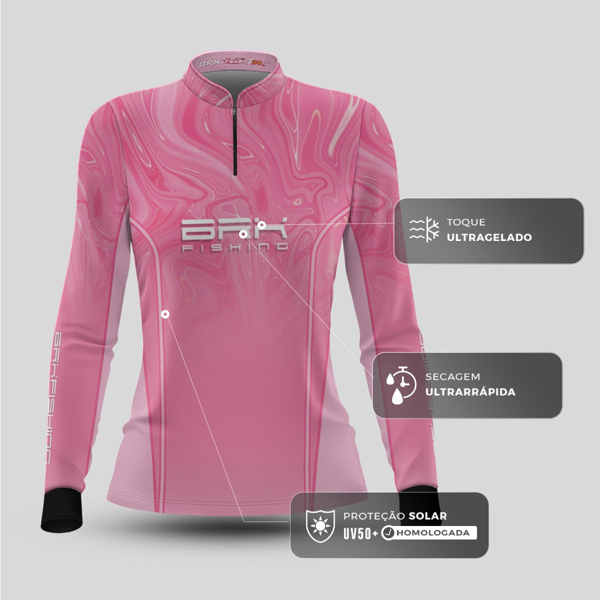 Camisa de Pesca Feminina Brk Fishing Marble Rosa com Proteção UV50+ - Brk Fishing