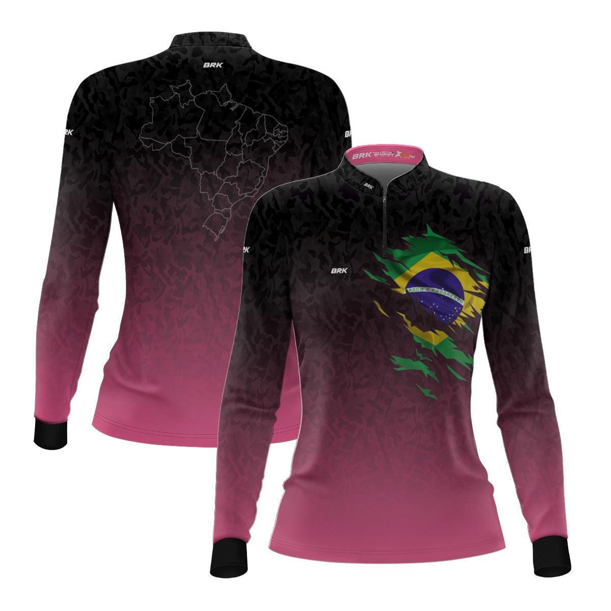 Camisa Feminina Agro Brk Camuflado Preto e Rosa Bandeira do Brasil com Proteção Solar UV50+ - Brk Fishing