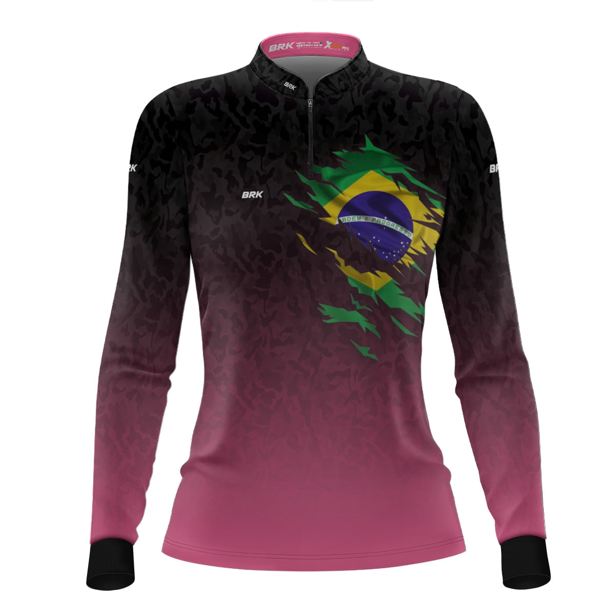 Camisa Feminina Agro Brk Camuflado Preto e Rosa Bandeira do Brasil com Proteção Solar UV50+