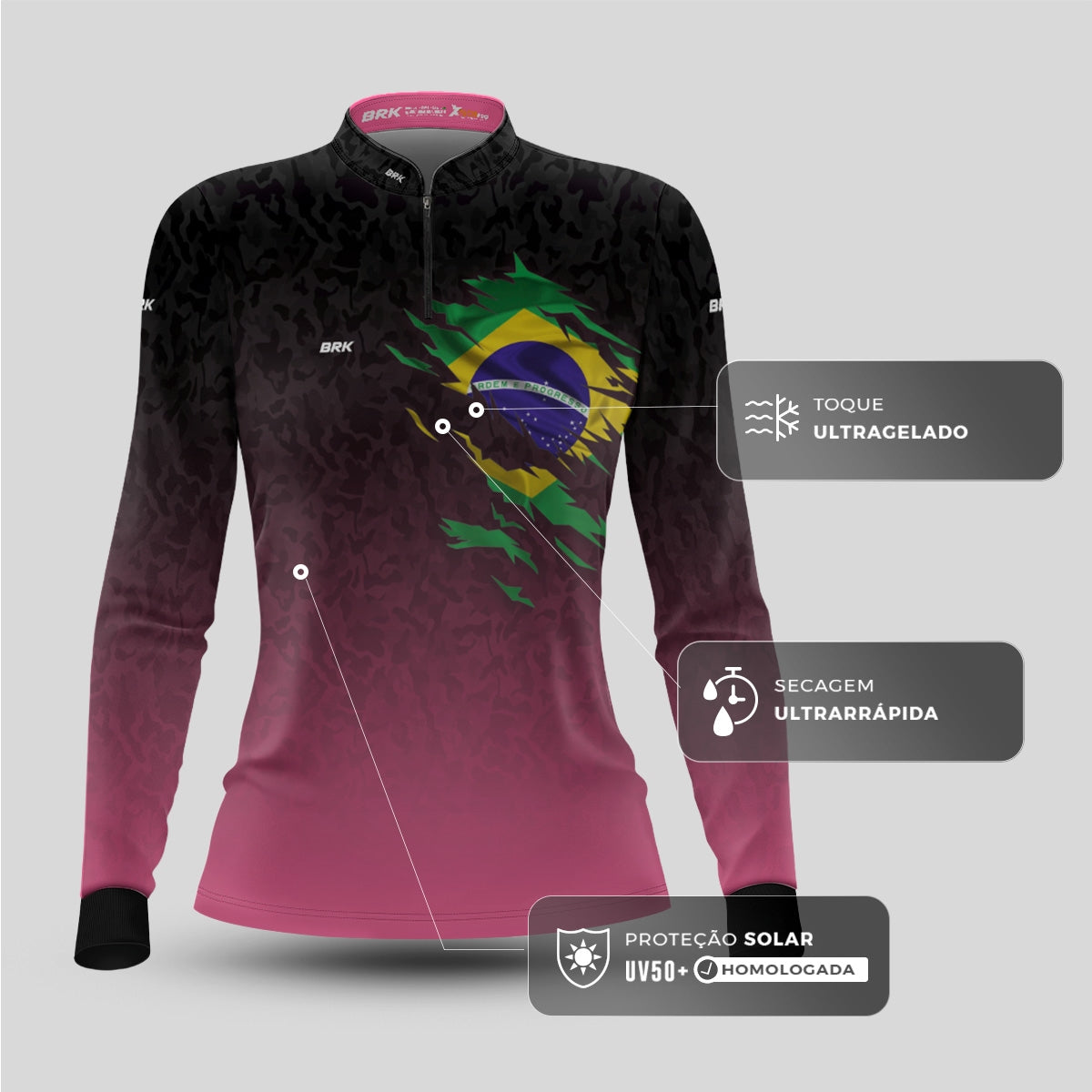 Camisa Feminina Agro Brk Camuflado Preto e Rosa Bandeira do Brasil com Proteção Solar UV50+ - Brk Fishing