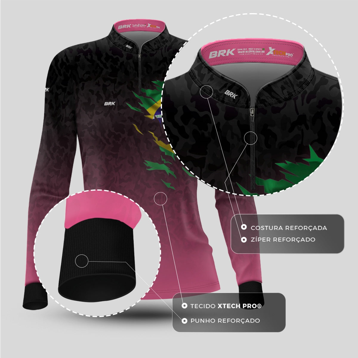 Camisa Feminina Agro Brk Camuflado Preto e Rosa Bandeira do Brasil com Proteção Solar UV50+ - Brk Fishing