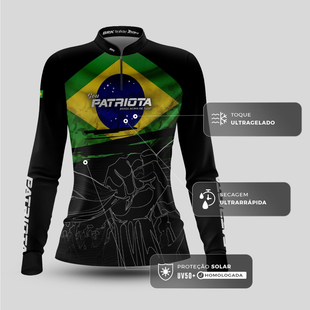 Camisa Agro Feminina Brk Básica Patriota Preta Bandeira do Brasil com Proteção UV50+ - Brk Fishing
