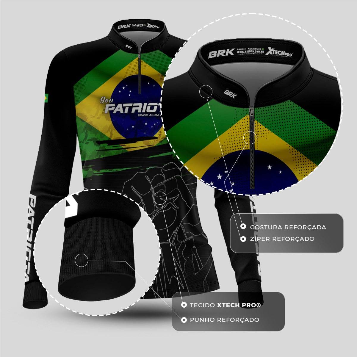 Camisa Agro Feminina Brk Básica Patriota Preta Bandeira do Brasil com Proteção UV50+ - Brk Fishing