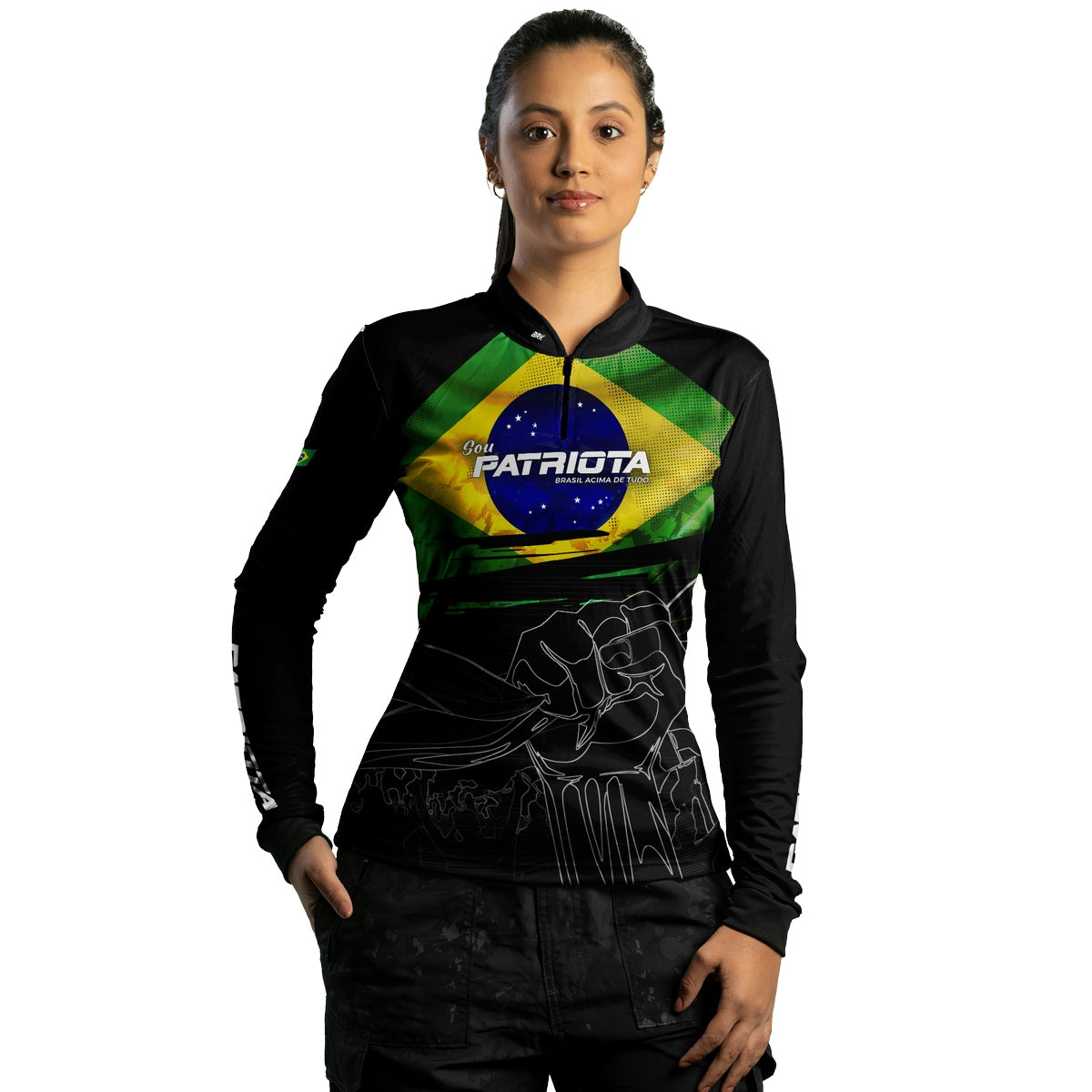 Camisa Agro Feminina Brk Básica Patriota Preta Bandeira do Brasil com Proteção UV50+ - Brk Fishing