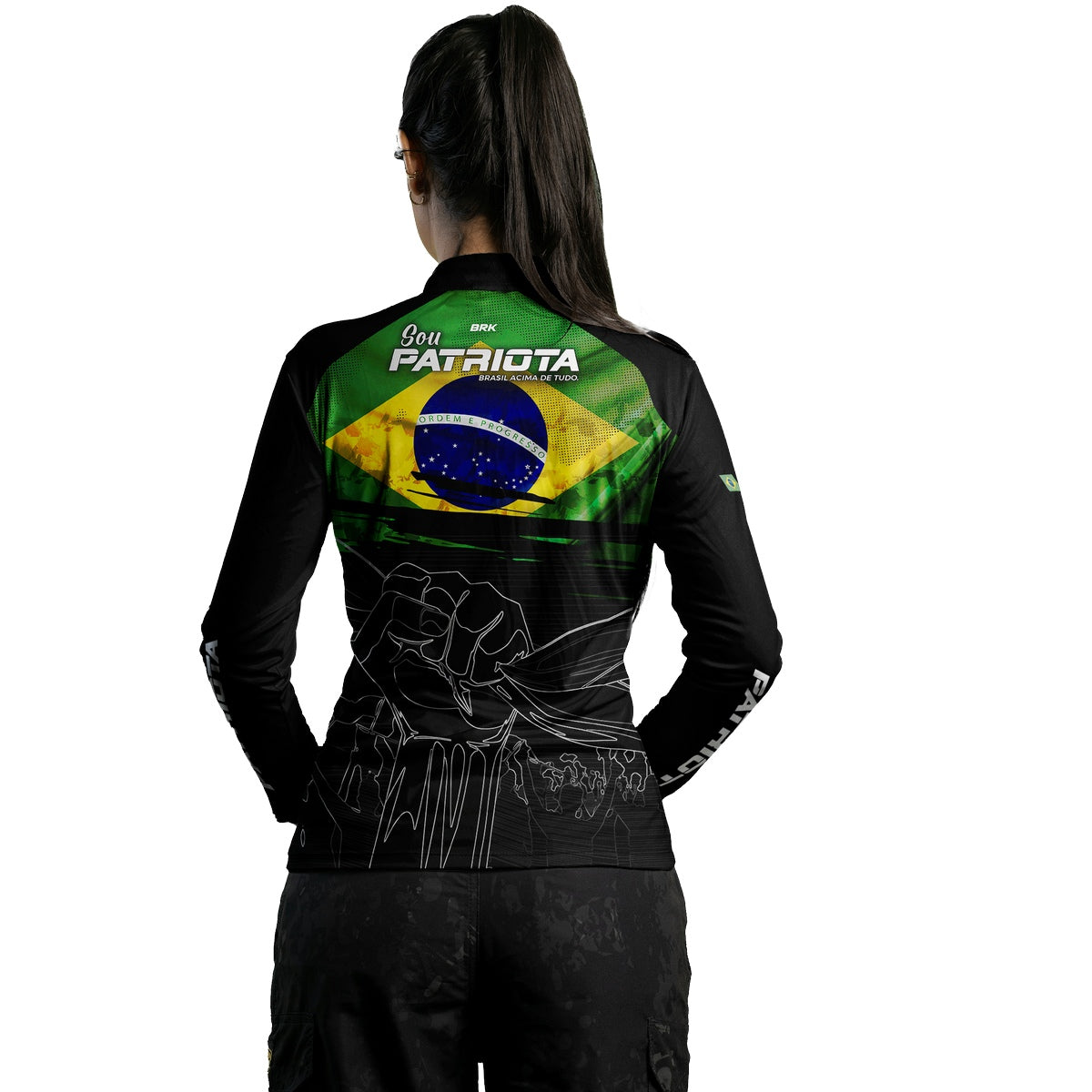 Camisa Agro Feminina Brk Básica Patriota Preta Bandeira do Brasil com Proteção UV50+ - Brk Fishing