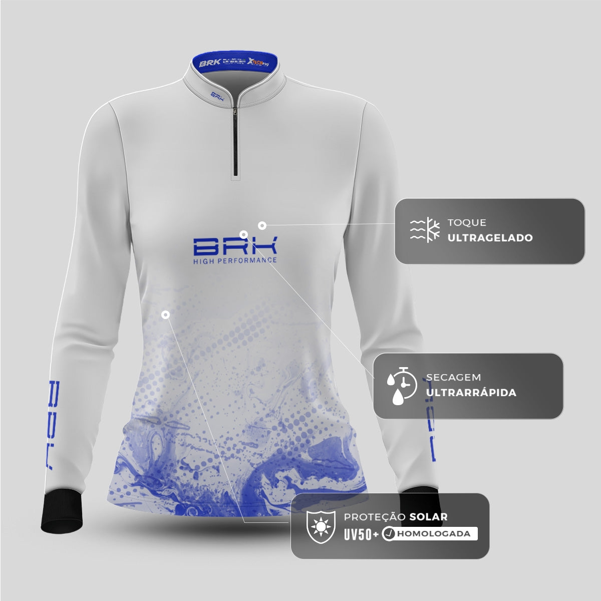 Camisa Agro Feminina Brk Azul e Branca com Proteção Solar UV50+ - Brk Fishing