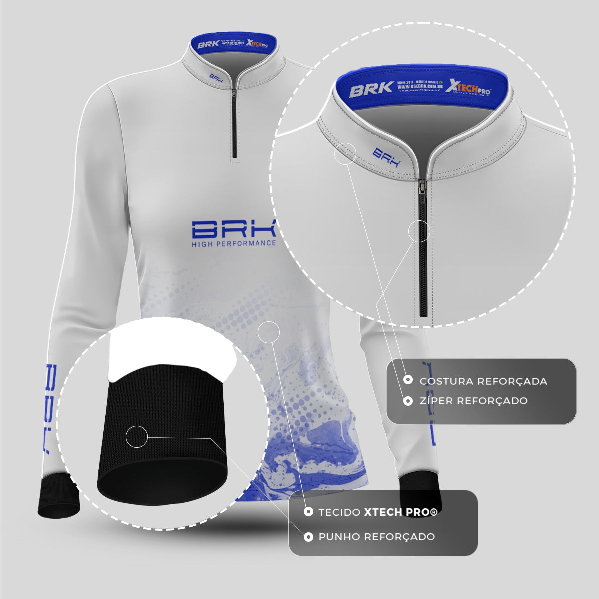 Camisa Agro Feminina Brk Azul e Branca com Proteção Solar UV50+ - Brk Fishing