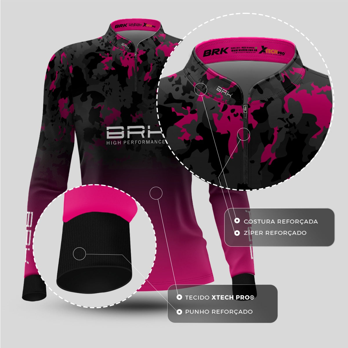 Camisa Agro Feminina Brk Preta e Rosa com Proteção Solar UV50+ - Brk Fishing