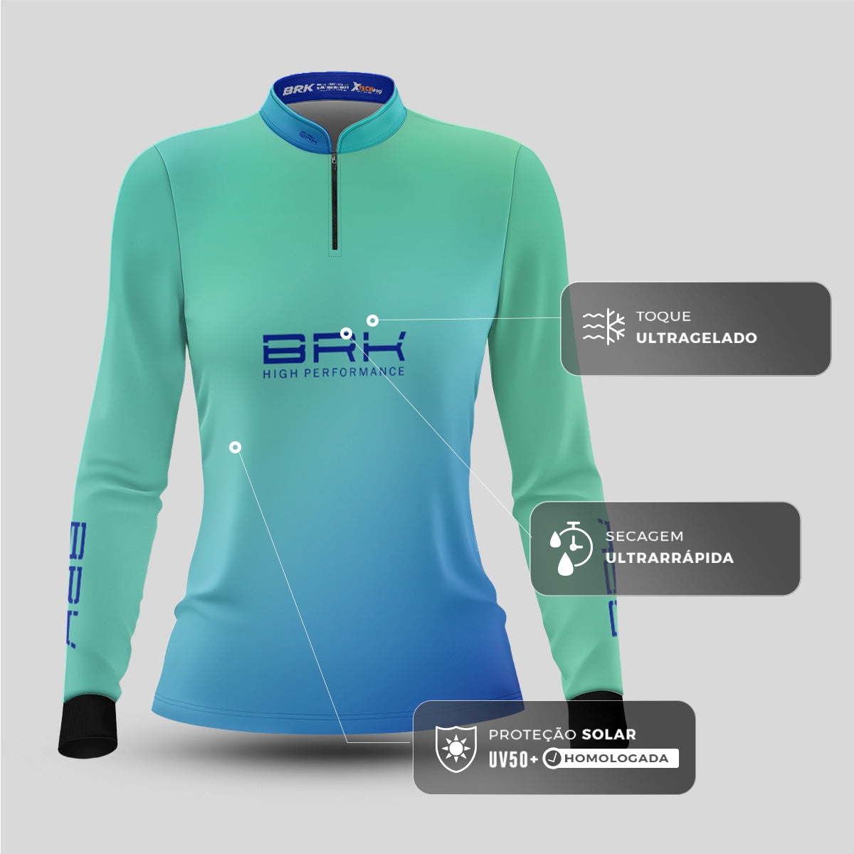 Camisa Agro Feminina Brk Azul e Verde com Proteção Solar UV50+ - Brk Fishing