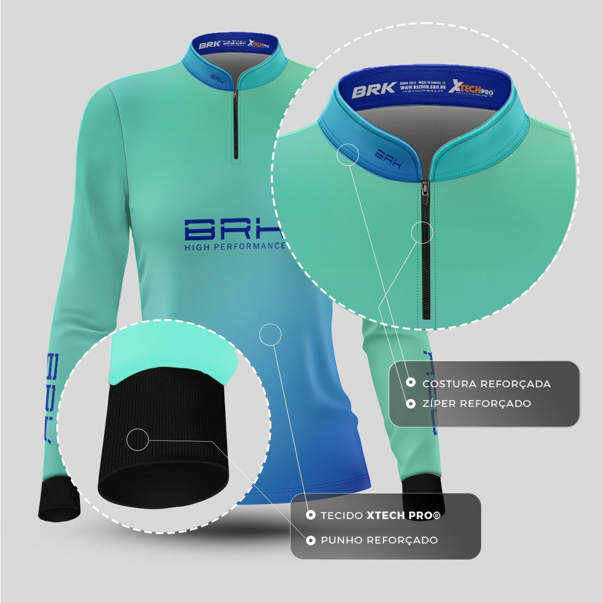 Camisa Agro Feminina Brk Azul e Verde com Proteção Solar UV50+ - Brk Fishing