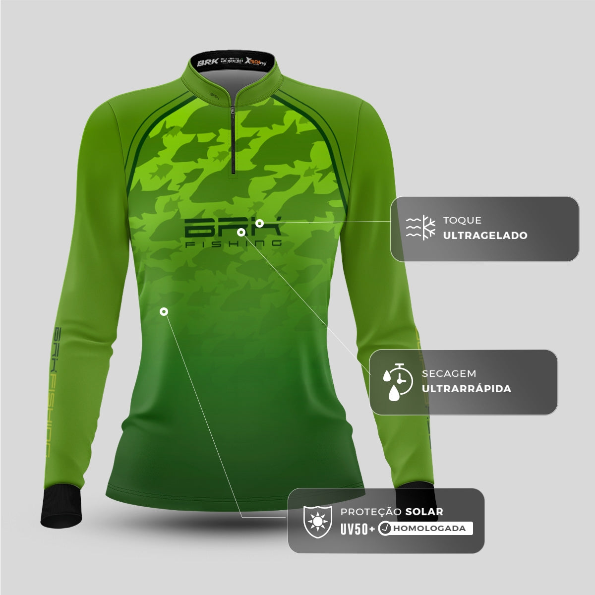 Camisa Feminina de Pesca  Verde Brk Cardume com Proteção UV50+ - Brk Fishing