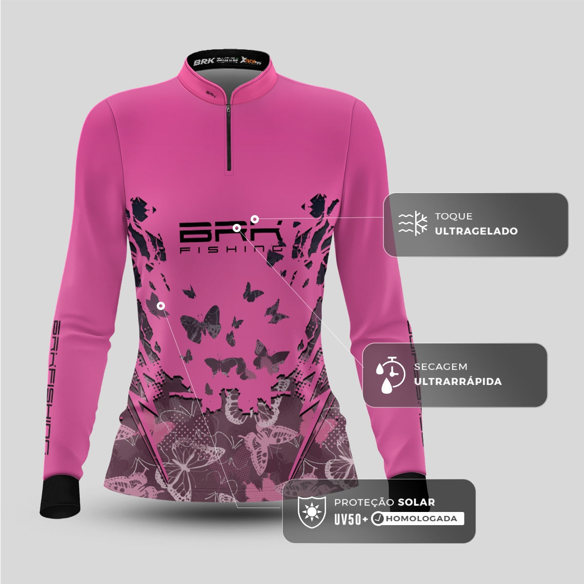 Camisa Feminina de Pesca Preta e Rosa Brk Tucunaré com UV50+ - Brk Fishing