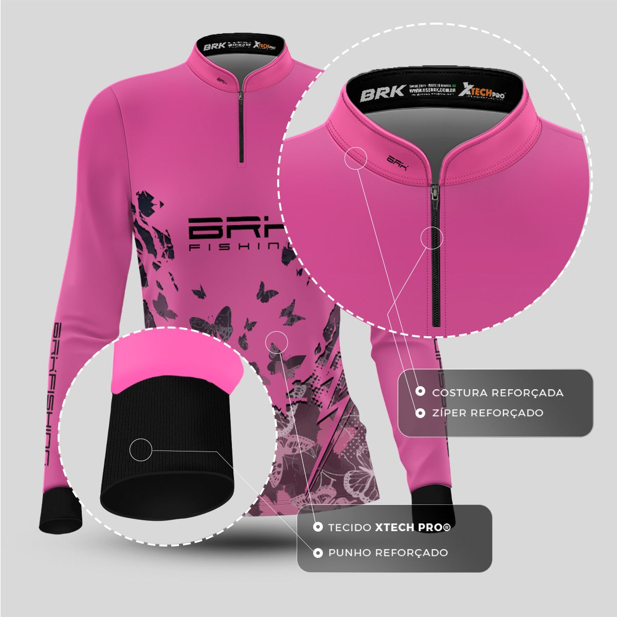 Camisa Feminina de Pesca Preta e Rosa Brk Tucunaré com UV50+ - Brk Fishing