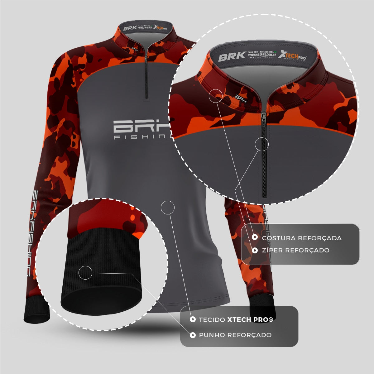 Camisa Feminina de Pesca  Brk Laranja Camuflado e Cinza com UV50+ - Brk Fishing