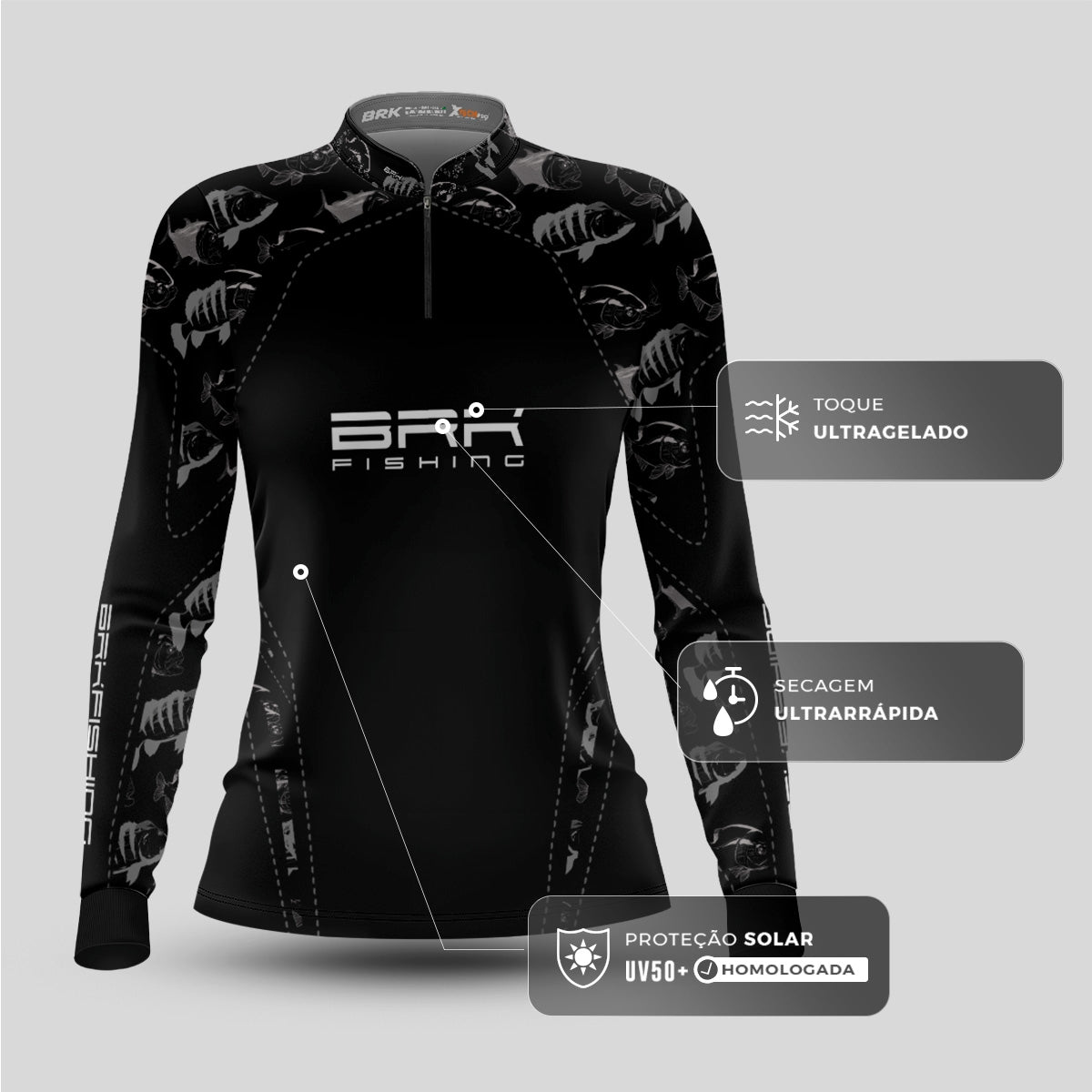 Camisa Feminina de Pesca  Brk Fishing Peixes Preto e Branco com Proteção UV50+ - Brk Fishing