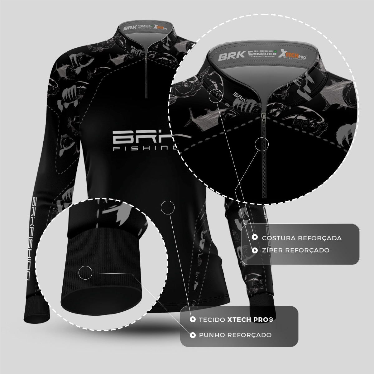 Camisa Feminina de Pesca  Brk Fishing Peixes Preto e Branco com Proteção UV50+ - Brk Fishing