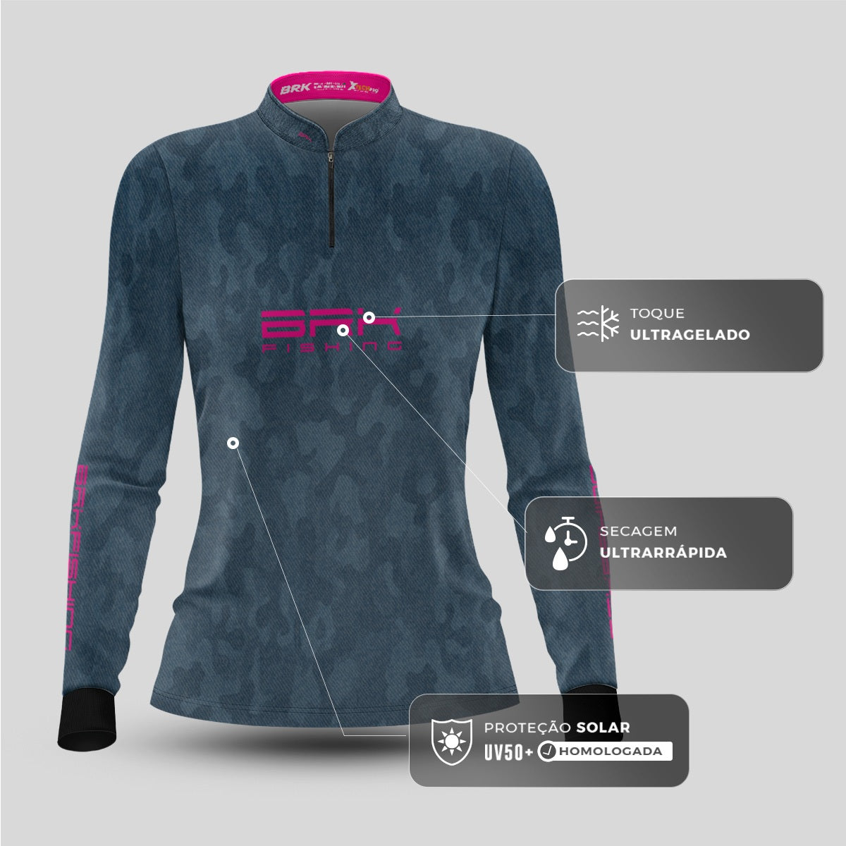 Camisa Feminina  Brk Camuflada Azul Jeans com UV50+ - Brk Fishing