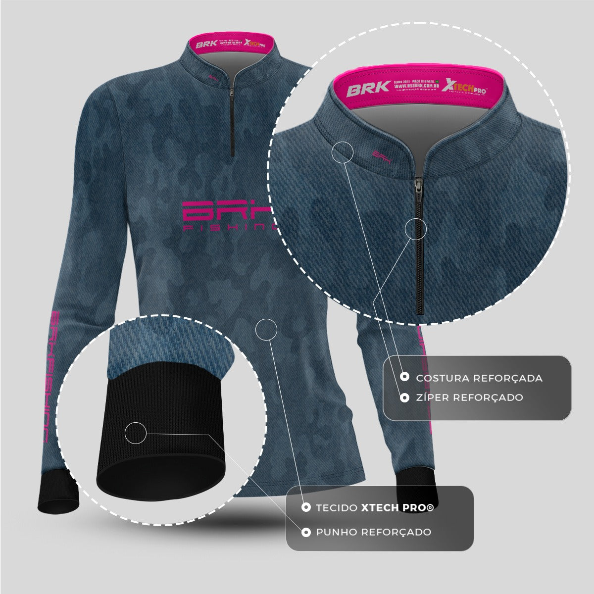 Camisa Feminina  Brk Camuflada Azul Jeans com UV50+ - Brk Fishing