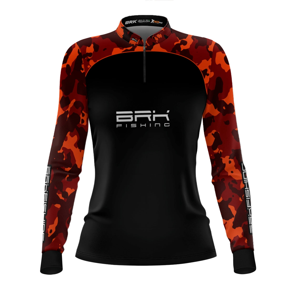 Camisa Feminina de Pesca  Brk Preta e Laranja Camuflada com UV50+ - Brk Fishing