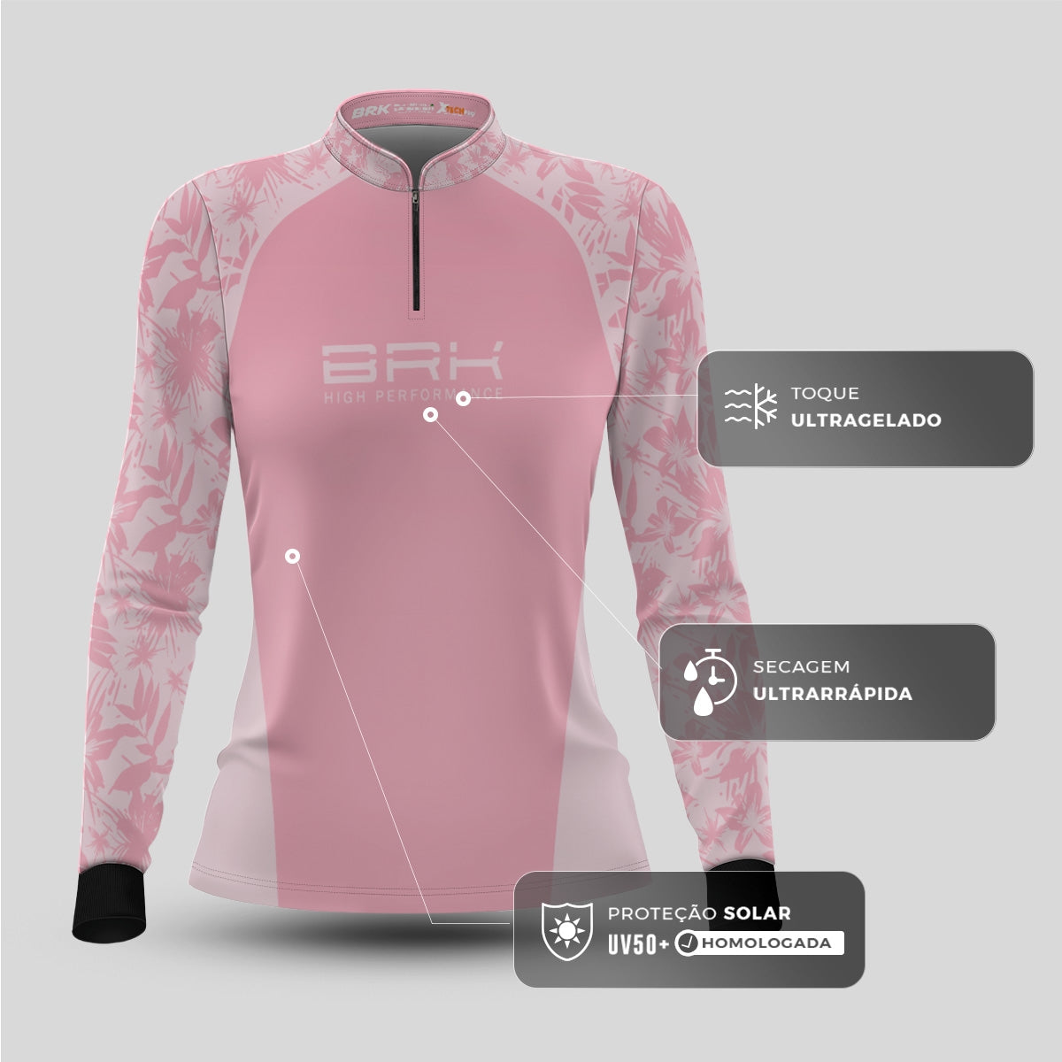 Camisa Agro Feminina Brk Básica Floral Rosa com Proteção Solar UV50+ - Brk Fishing