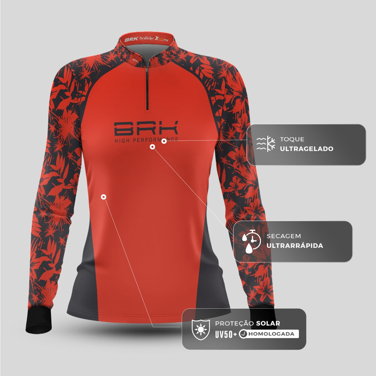 Camisa Feminina de Pesca Brk Básica Floral Salmão e Chumbo com Proteção UV50+ - Brk Fishing