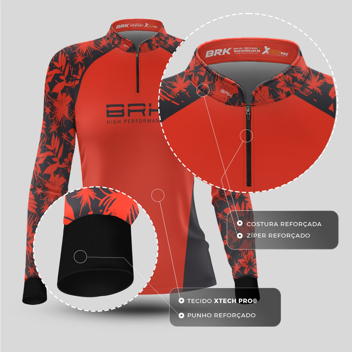 Camisa Feminina de Pesca Brk Básica Floral Salmão e Chumbo com Proteção UV50+ - Brk Fishing