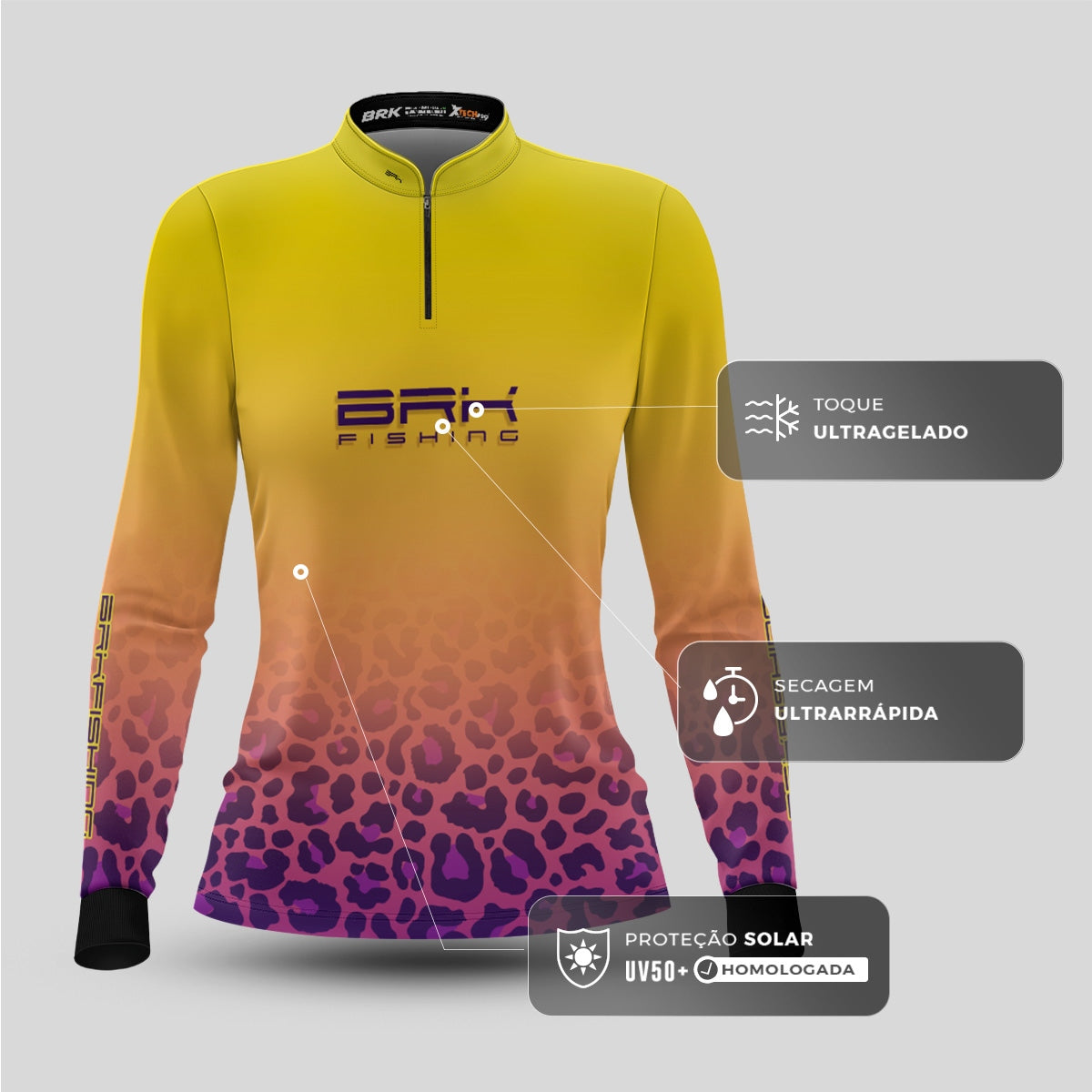 Camisa Feminina de Pesca  Brk Fishing Onça Amarelo e Roxo com Proteção UV50+ - Brk Fishing