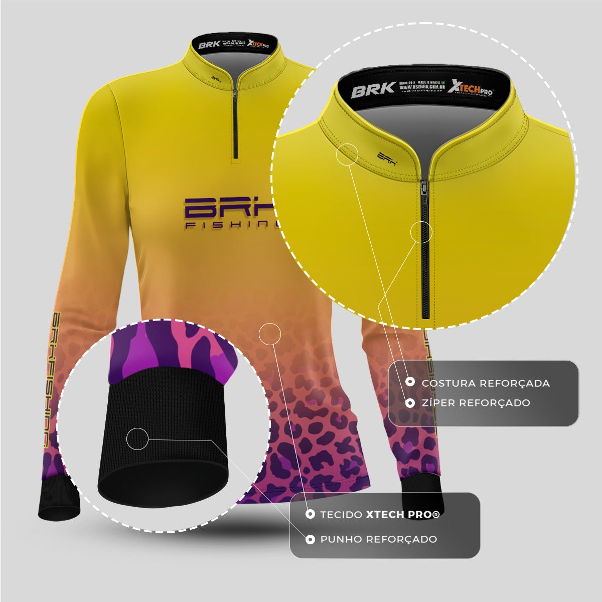 Camisa Feminina de Pesca  Brk Fishing Onça Amarelo e Roxo com Proteção UV50+ - Brk Fishing