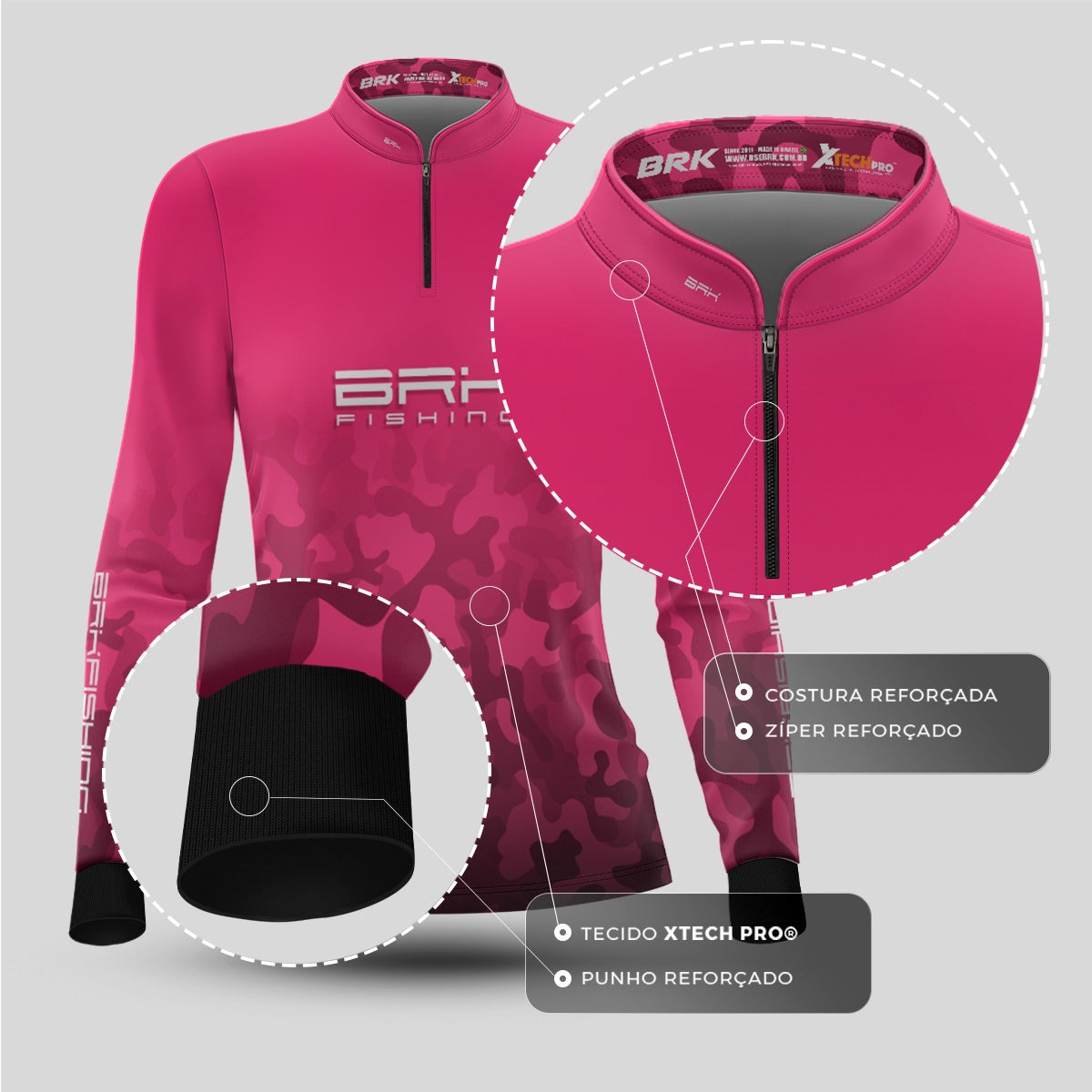 Camisa Feminina de Pesca  Brk Rosa Camuflada com Proteção UV50+ Brk Fishing
