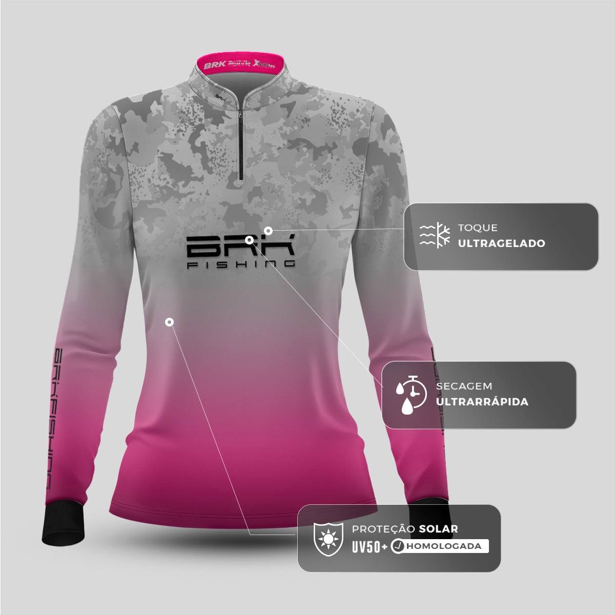 Camisa Feminina de Pesca  Brk Branca e Rosa Camuflada com Proteção Solar UV50+ - Brk Fishing