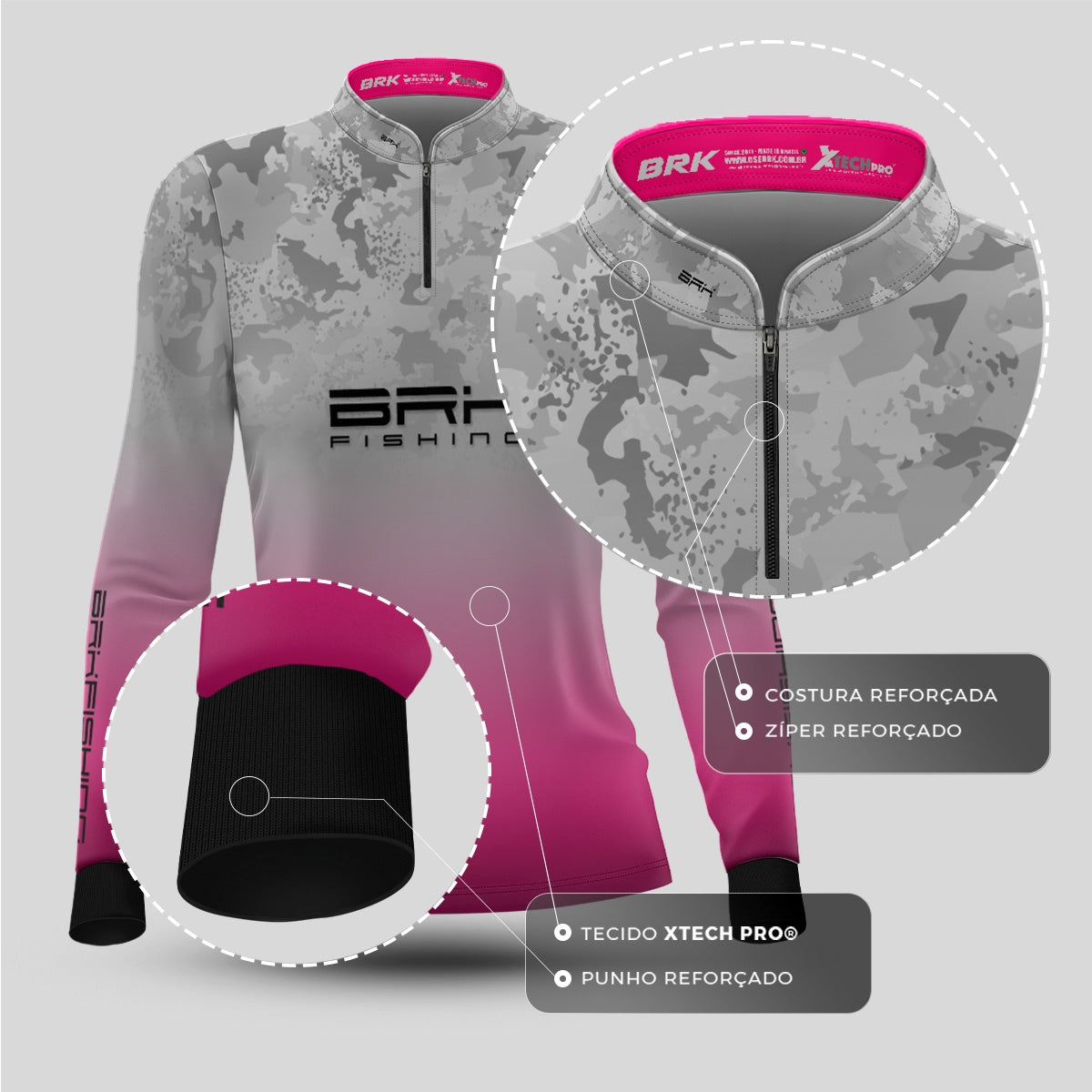 Camisa Feminina de Pesca  Brk Branca e Rosa Camuflada com Proteção Solar UV50+ - Brk Fishing