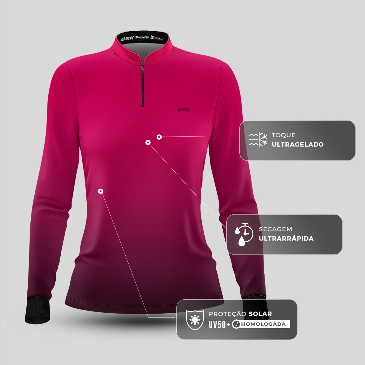 Camisa de Pesca Feminina Brk Unissex Basic Rosa com UV50+ - Brk Fishing