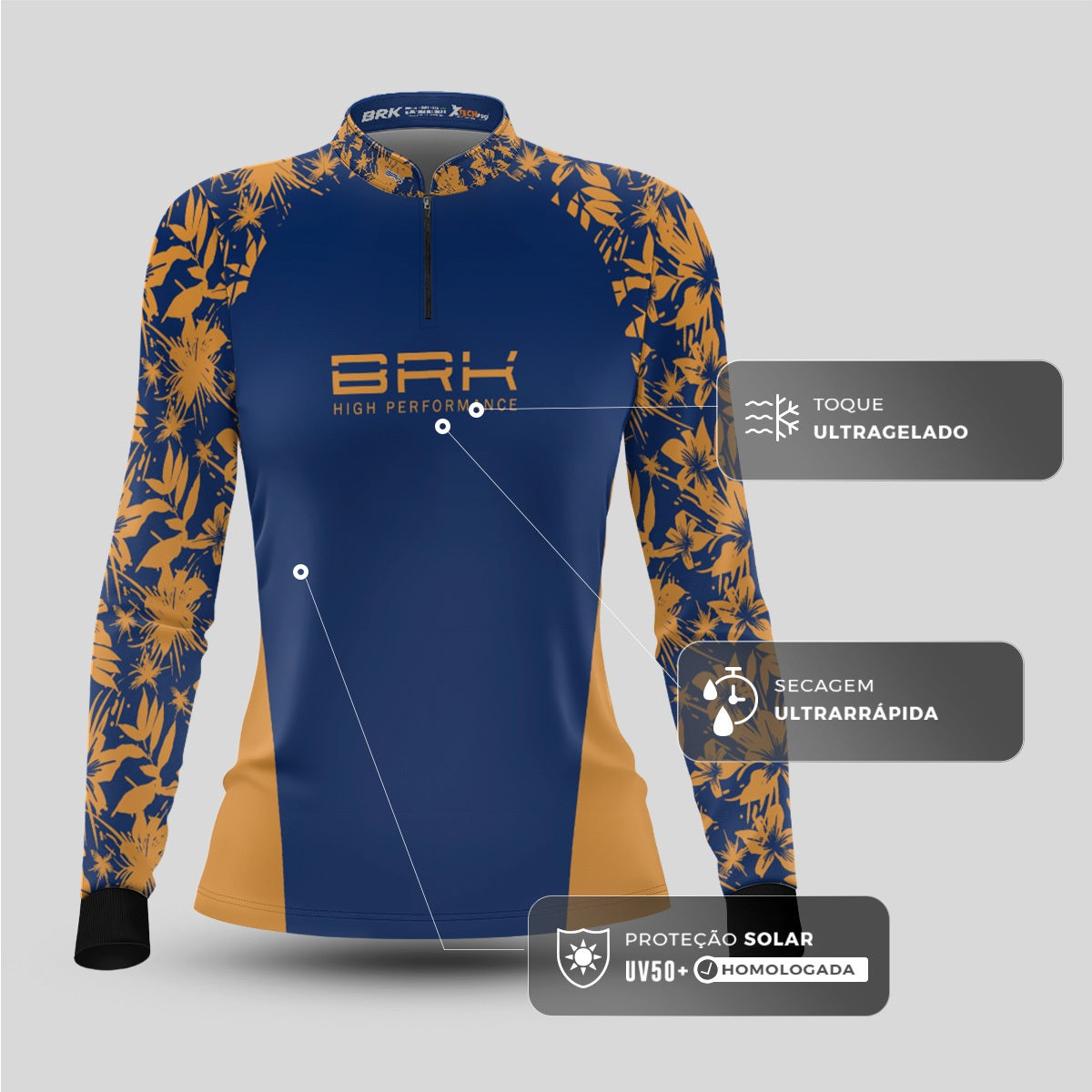 Camisa de Pesca Feminina Brk Básica Floral Mostarda com Proteção UV50+ - Brk Fishing