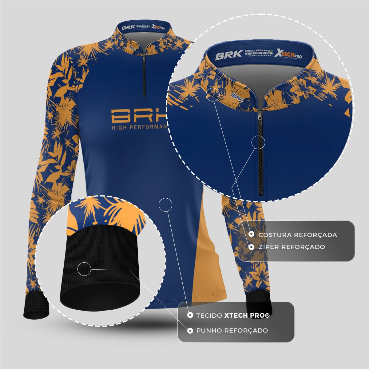 Camisa de Pesca Feminina Brk Básica Floral Mostarda com Proteção UV50+ - Brk Fishing