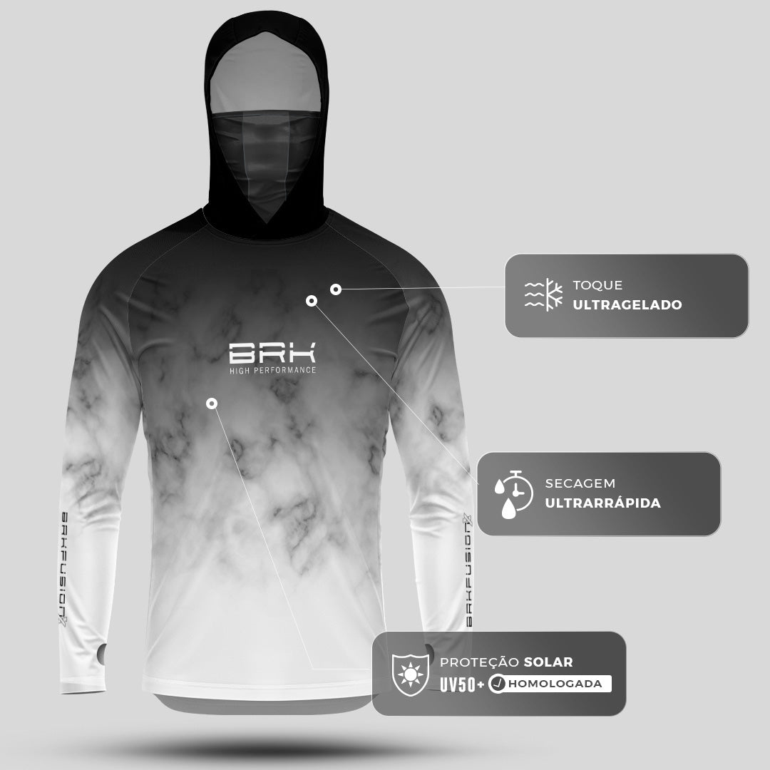 Camisa FusionX Brk Galaxy Preta e Branca com Capuz e Proteção UV50+ - Brk Fishing
